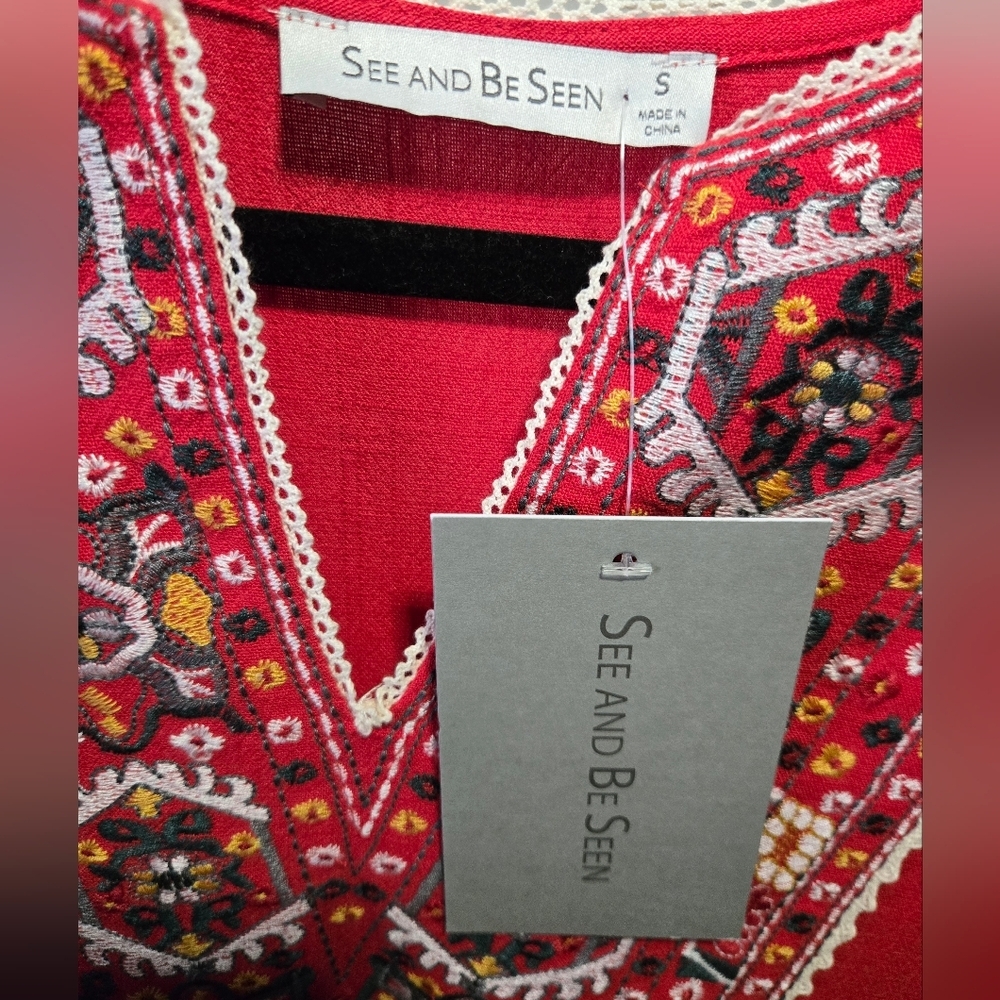 See and Be Seen Red Embroidered Linen Boho Midi Dress – Size Small, NWT - Picture 4 of 7